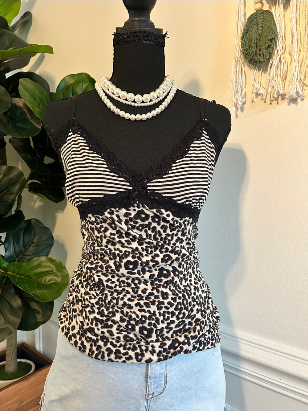 PJ Salvage Black & White Striped and Leopard Lace-Trim Cami